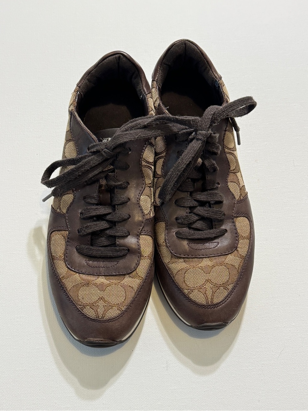 Coach Farrah Signature Jacquard Brown and Tan Lace-Up Sneakers Size 10